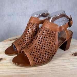 Franco Sarto Harlett Sandals Womens 8M Brown Leather Woven Block Heel Good
